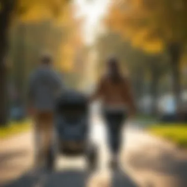 Parents enjoying a walk with a car seat stroller