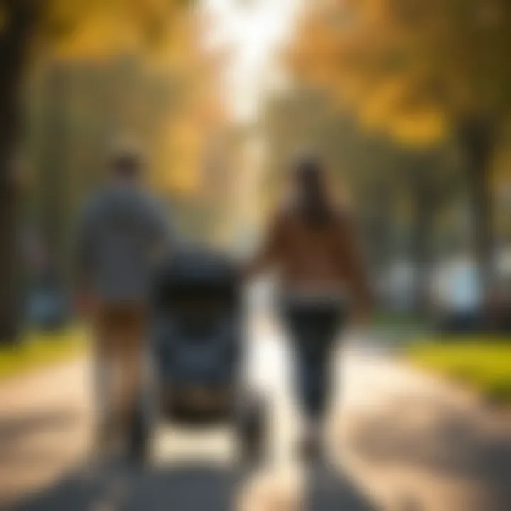 Parents enjoying a walk with a car seat stroller