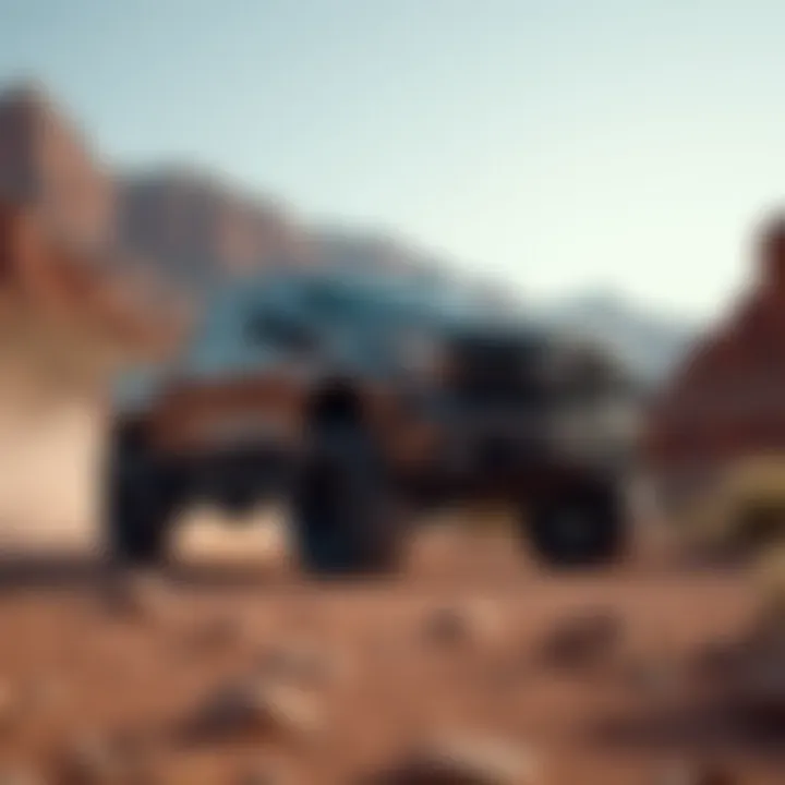 Chevy Silverado parked in front of a rugged landscape with large tires