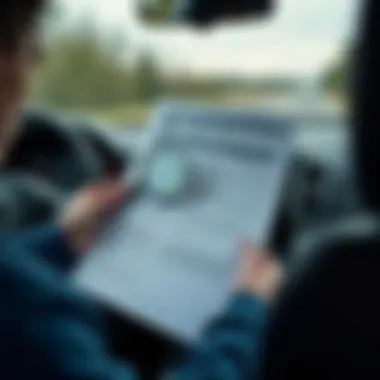 A car buyer reviewing a Carfax report with a magnifying glass