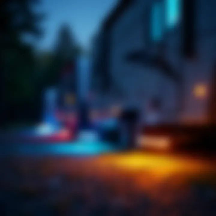 Different types of underbody lights displayed beside a travel trailer.