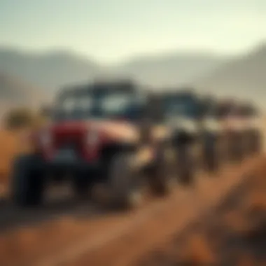 A group of mini jeeps lined up at an off-road event