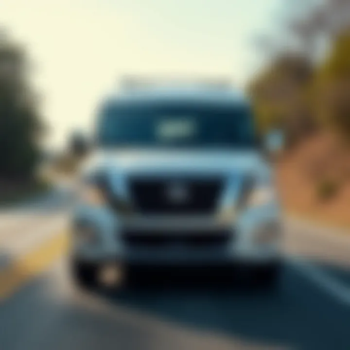 Dynamic action shot of a Nissan six-passenger vehicle on the road