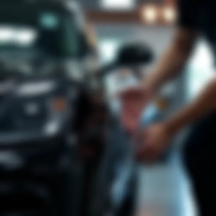 A car enthusiast inspecting the shine of a black vehicle