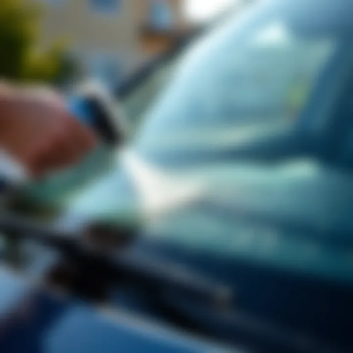 User applying windshield washer fluid